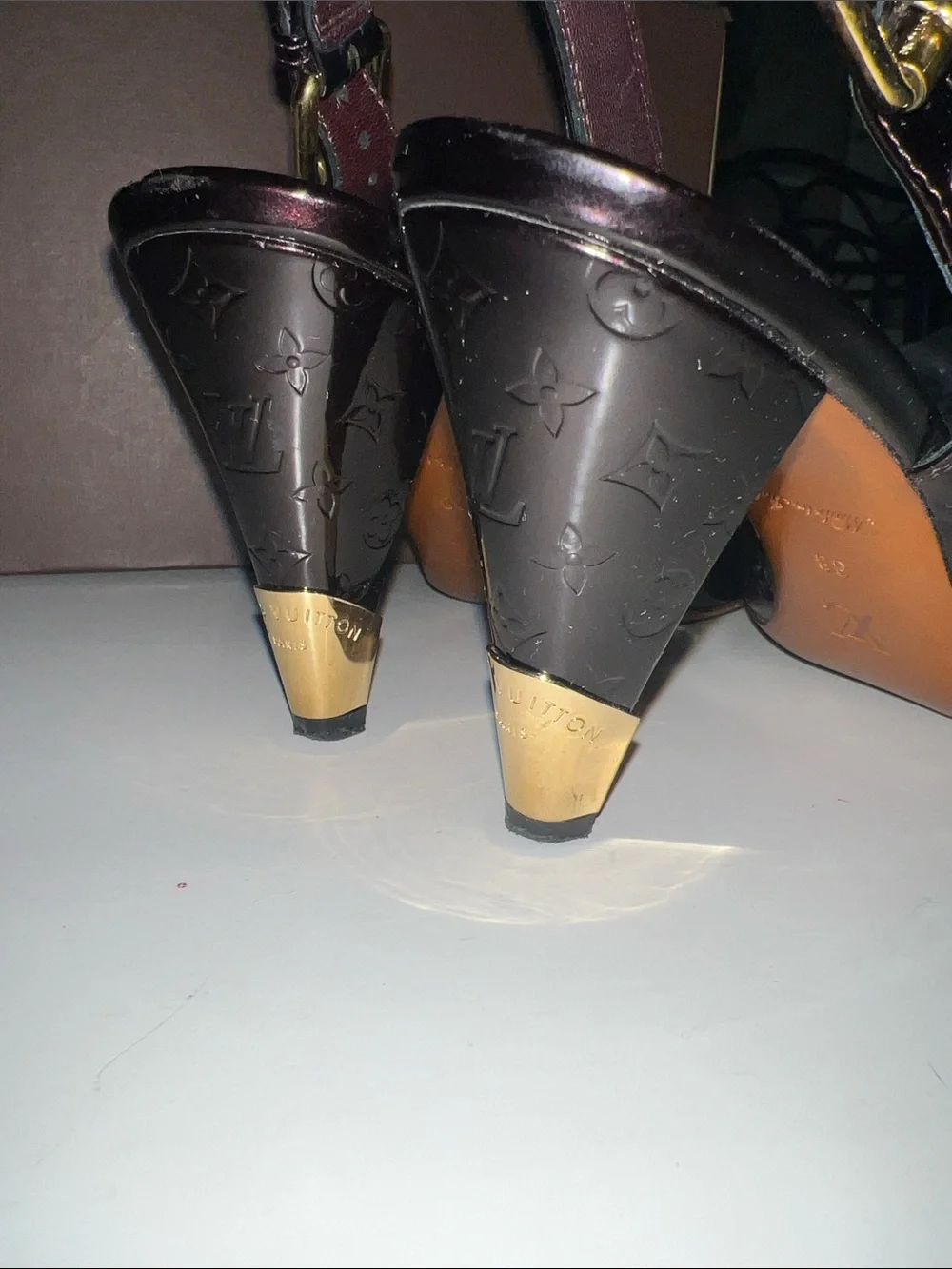 Louis Vuitton Vernis Monogram Slingback Heels with Gold Buckle